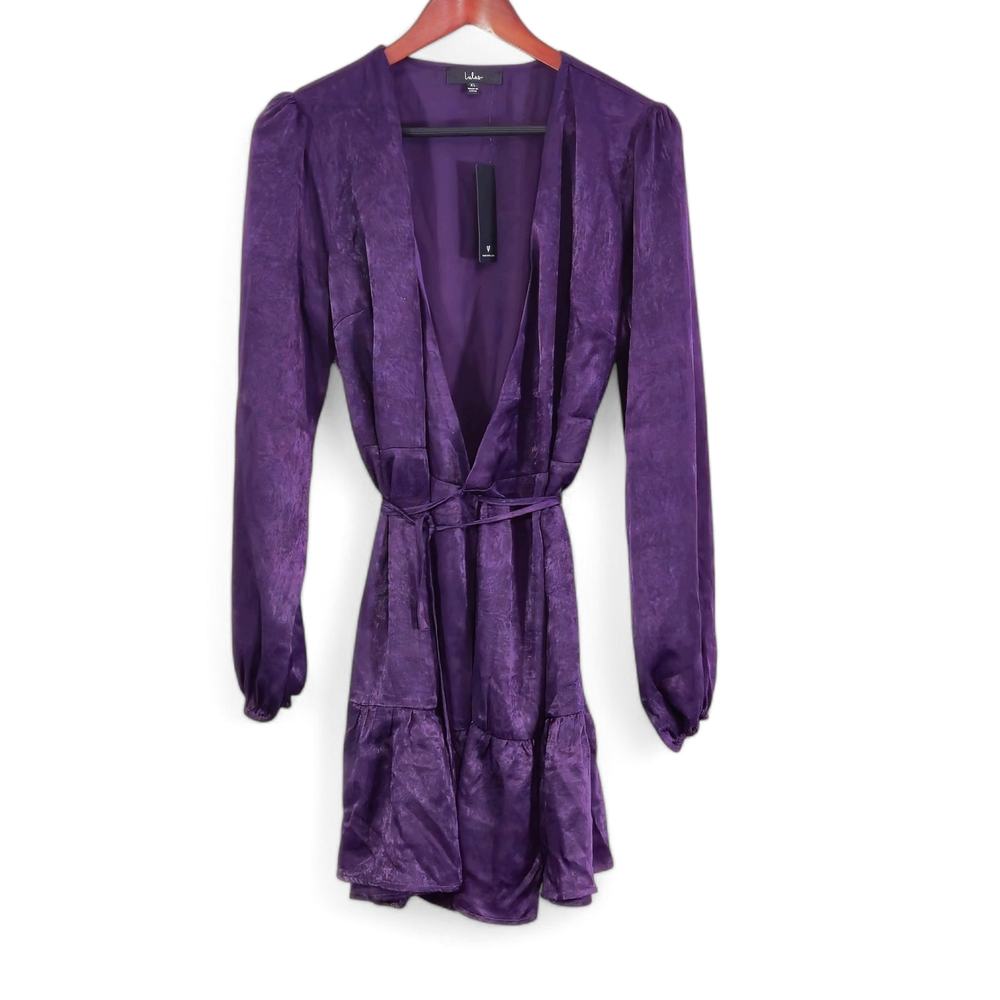 NWT Lulu's Women's Wrap Dress 'So Splendid' Purple Satin Long Sleeve Size XL